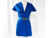 Small 1930s Jacket with Figural Birds Buckle - Authentic 30's Cobalt Blue Silk Wrap - Romantic Shawl Collar - Brocade Belt - Early Plastic