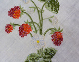 Strawberry Tablecloth & Place Mats Set of 4 - Natural Linen with Red Berries Sage Green Leaves Cross Stitch Style Embroidery - 1960s Summer