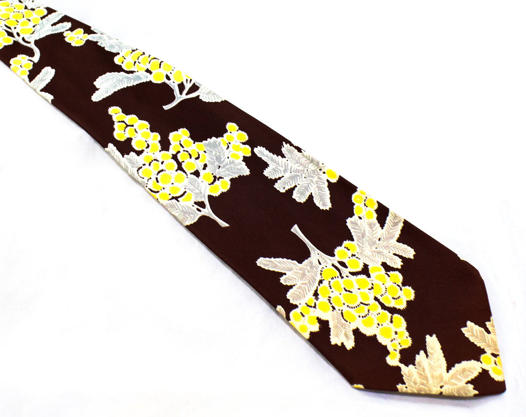 1940s Rayon Men's Tie - 40s Brown & Yellow Floral Necktie - Puff Flowers and Gray Leaves - Coast to Coast National Shirt Shops Label - As Is