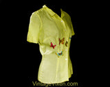 Size 6 McMullen Blouse with Butterfly Appliques - 1950s Yellow Fine Linen Top - Short Sleeved 50s Butterflies Shirt - Beautiful! - Bust 34