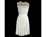 Size 6 Ivory Dress with Rainbow Smocking - Cute 60s Sleeveless Summer Dress - Blouson Bodice & Pleated Skirt - Tie Belt - Waist 25.5 - 49496