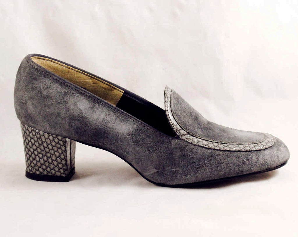 Size 6.5 Gray Shoes - Retro Grey Suede 1970s Pumps with Faux Snake Trim - 70s Career Girl Style - 6 1/2 M - Hush Puppies Deadstock - 47714-1