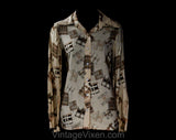 Size 12 Patchwork Print Shirt - 1970s Houndstooth Rayon Long Sleeve Blouse - Brown & Beige Novelty Print Top - NWT Deadstock - Bust 39.5