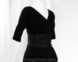 Size 6 Black 1950s Cocktail Dress - Small Marilyn Style 50s Fitted Crepe Bombshell with Pleated Taffeta Torso & Rhinestone Swag - Waist 26