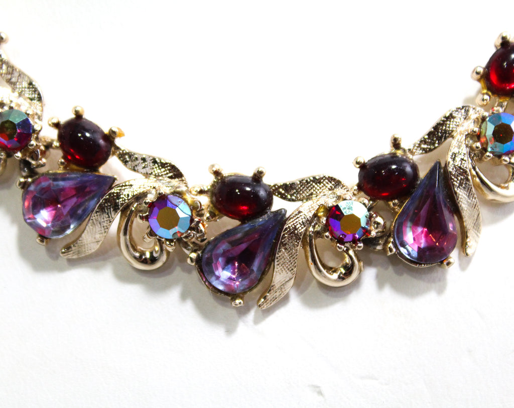 Ruby & Pink Rhinestones Necklace - 50s Glamour - Two Tone Violet - 1950s Pageant Style Formal Jewelry - Evening Necklace by Art - 50460