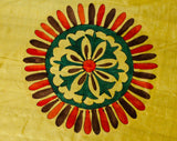 1960s Hand Painted Paisley Silk Scarf - Hippie 60s Medallion - Mustard Yellow - Red Orange - Brown - Emerald Green - Hand Rolled Hem - 49759
