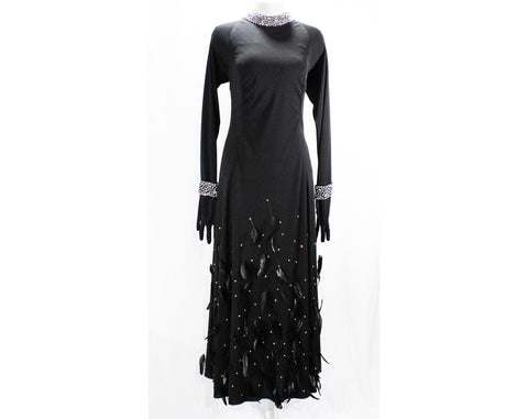 Size 14 Amazing Custom Evening Dress - Black Formal Gown with Rhinestones & Feather Hem - Unique Performer's Ensemble with Attached Gloves