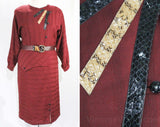 Medium 1930s Inspired Dress - Size 10 1980s Burgundy Office Dress with Snake Skin Trim - Maroon Wool from Italy - 30s Asymmetric - Bust 38