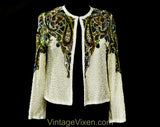 Size 6 Gorgeous Sequined Paisley Jacket - 90s Formal Evening Wear - White Silk Chiffon Beads & Sequins - Blue Gold Green Silver - Bust 33.5