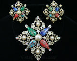 Gorgeous Four Points Pin & Earrings - Confetti Marbled Plastic - Red Blue Green - Aurora Borealis Rhinestones - 1960s Sarah Coventry - 42459