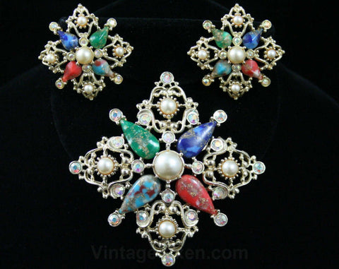Gorgeous Four Points Pin & Earrings - Confetti Marbled Plastic - Red Blue Green - Aurora Borealis Rhinestones - 1960s Sarah Coventry - 42459