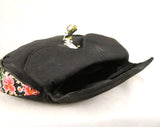 Sweet 1950s Evening Purse - Black Crepe Clutch Bag with Embroidered Pink Floral Panel - 40s 50s Envelope Formal Handbag with Rhinestones