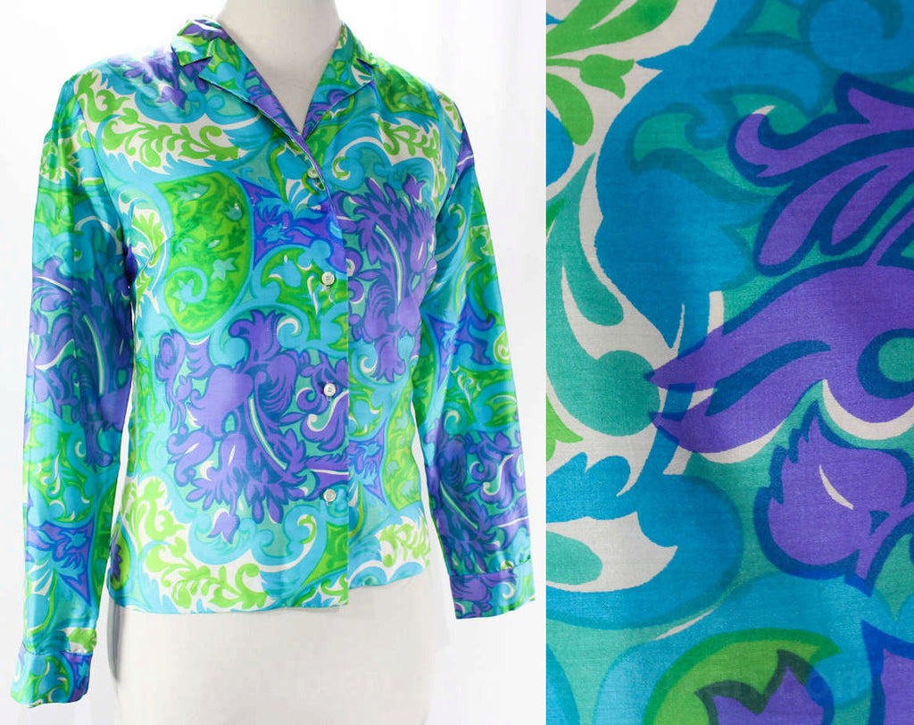 Size 6 Silk Blouse - Small 60s Flourish Shirt - As Is - Summery 1960s Turquoise Blue Purple & Lime Green Print - 3/4 Sleeve - Bust 39