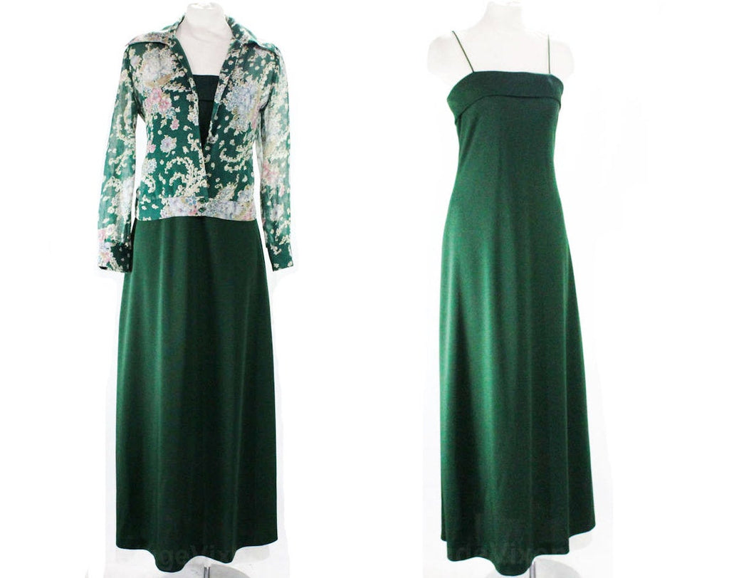 Size 8 Sun Dress & Sheer Floral Jacket - 70s Forest Green Maxi Dress - 1970s Rustic Strappy Summer Chic - Lily of Valley Flowers - Bust 34.5
