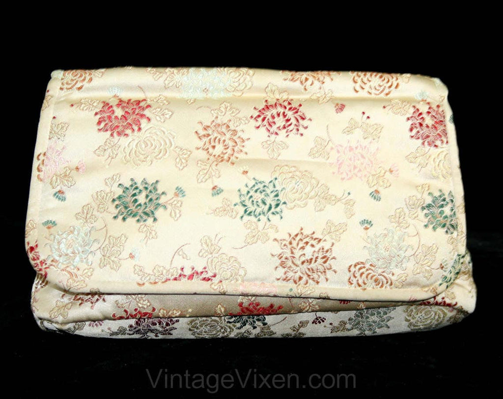 FINAL SALE 50s Asian Satin Brocade Handbag - 1950s 60s Formal Purse - Beige Neutral Red Teal Blue & Pink Silk Evening Bag - Flap Front