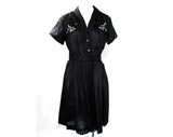 Size 10 Shirtwaist Dress - 1950s Sheer Black Fit & Flare Summer Frock with Floral Appliques - Fitted Bodice Full Skirt - Original Belt - NWT