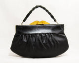 1930s Art Deco Purse - Authentic 30s Black Faux Leather Bag with Carved Amber Plastic Clasp - Rare Depression Era Handbag - As Is - 50239