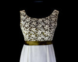 Size 6 Evening Dress - 1960s Empire Waist Formal Gown - Elegant 60s White Lace Chiffon & Brown Satin Sleeveless Evening Gown - Bust 33.5