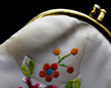 Asian Bird Evening Purse - 60s 70s Formal Handbag - Beautiful Embroidery - Fine White Satin Bag with Shoulder Strap - Blue Pink Orange