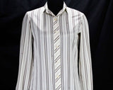 Size 6 Lanvin Shirt - Designer 70s Logo Print Office Blouse - Chocolate Brown & White Striped Long Sleeve Top - Paris New York - Bust 34