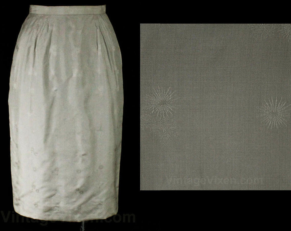 Size 2 Silk Skirt - XS Silvery Gray Atomic Brocade Straight Wiggle Skirt - Mid Century Starburst Pattern - 50s 60s Japan - Waist 24 - 47635