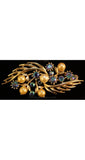 Glam 1950s Blue Rhinestone & Pearl Pin by Lisner - Winter Icy Hues Brooch - Faceted Glass - 50s Designer - Leaves - Mid Century - 34640-1