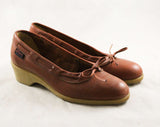 Size 6 Tan Leather Shoes - Preppie 1980s Pumps - Preppy 80s Brown Leather Shoe - Lace Up & Bow - Wedge Rubber Heels - Deadstock - 47660-1