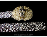 Medium Leopard Print Belt with Huge Lion's Head Buckle - Size 10 to 12 Wild Cat 1980s Designer Mimi di N Dated 1987 - Bold African Animal
