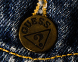 Size 12 1980s Guess Denim Jacket - Child's Preteen Boy Jean Street Wear - Dark Blue Cotton - Georges Marciano Question Mark Logo - Bust 35.5