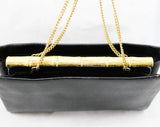 1950s Black Leather Purse - Elegant Cross-Hatched Fine Leather Bag - Rhinestone Bamboo Frame & Chain Strap - Chic 50s Handbag by Waldman