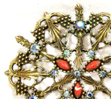 Huge 1960s Baroque Brooch - Marbleized Coral Orange & Rhinestones - 50s 60s Round Pin - Antique Style Gold Tone Metal - Emmons - 50482