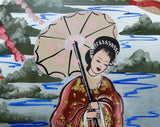 Pair Large Framed Pictures - 1940s Japanese Kimono Ladies - Hand Painted Eastern Garden Scenes - Pink Green Silver 40s WWII Era Boudoir Art