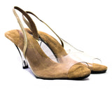 Size 6 Crystal Clear Shoes - See Through Transparent Heels by Onex - 1980s Vinyl & Lucite Heels - Taupe Slingbacks - Sexy Glass Slipper Look