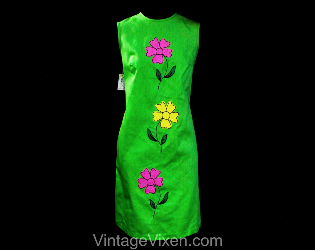 Size 8 1960s Summer Dress - Lime Green Cotton Sleeveless Sheath with Pink & Yellow Daisy Flower Appliques - Bright and Sunny - Bust 36