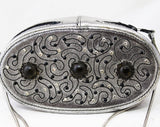 1960s Silver Box Purse, Size 5 1/2 Gladiator Shoes, and Belt Set - Metallic Leather with Rhinestones, Cord & Studs - 60s Sandals by Sbicca