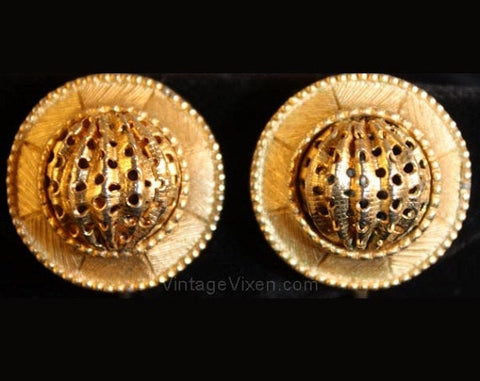 Sophisticated 60s Pierced Orb Earrings - Goldtone Gold Color Metal - 1960s Classic Clips - Atomic Age - Flying Saucer Shapes - 34680-1