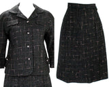 Size 10 1950s Suit - Charcoal Black & Pink Fleck Tweed 50s Jacket Skirt with Two Tone Buttons - Medium Mid Century Office Wear - Waist 27.5