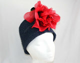 Too Fabulous 1960s Navy Straw Hat - Red Poppy - Mr John Boutique - Sophisticated Glam - 60s Summer Bucket Hat - Dark Blue with Big Flower