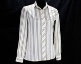 Size 6 Lanvin Shirt - Designer 70s Logo Print Office Blouse - Chocolate Brown & White Striped Long Sleeve Top - Paris New York - Bust 34