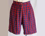 Size 2 Shorts - 1950s Red Plaid Corduroy Shorts - XS Summer Separates - Red & Blue - Casual Retro Cute 50s Shorts - Waist 24 - 34599-1