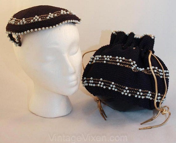 Terrific 1950s Navy Crochet Hat & Handbag Set - Multi Piece Set - Navy Blue and Silver - Drawstring Purse - Wooden Beads - Mint - 35939