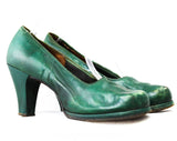 Large Size 1940s Shoes - Size 9 AA Emerald Green Leather Heels - 40s Wartime WWII Era Platform Pumps - Shabby Condition - As Is - Narrow