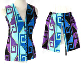 Size 6 Mod Tunic & 60s Mini Skirt - Made in Capri Italy - Blue Purple Black Cotton - Primitive Greek Key Stripes - 1960s Resort Summer Chic