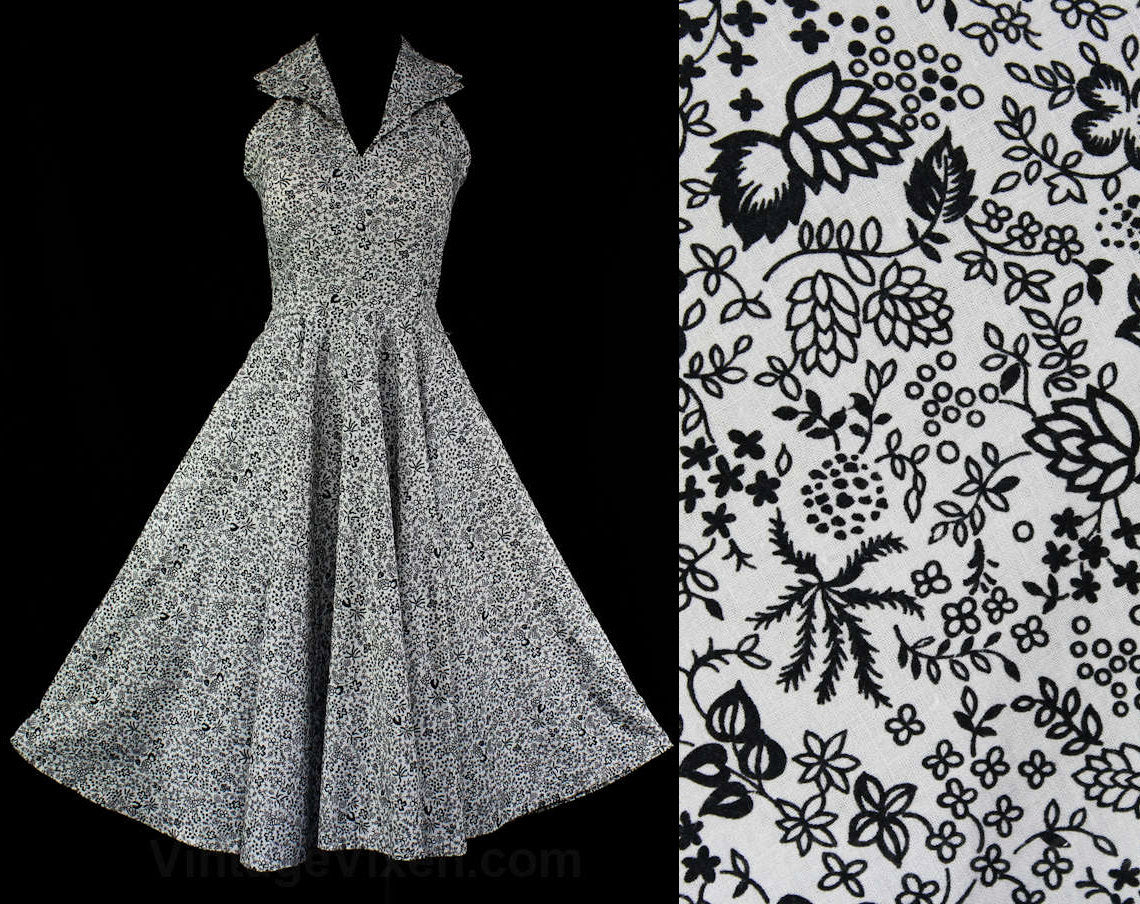 Size 8 Sun Dress - 1950s Black & White Floral Clover Cotton Halter - G Vintage Vixen Clothing Size 8 Sun Dress - 1950s Black & White Floral Clover Cotton Halter - G Vintage Vixen Clothing
