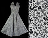 Size 8 Sun Dress - 1950s Black & White Floral Clover Cotton Halter - Girl Next Door 50s Summer Pin Up Frock - Full Circle Skirt - Waist 27