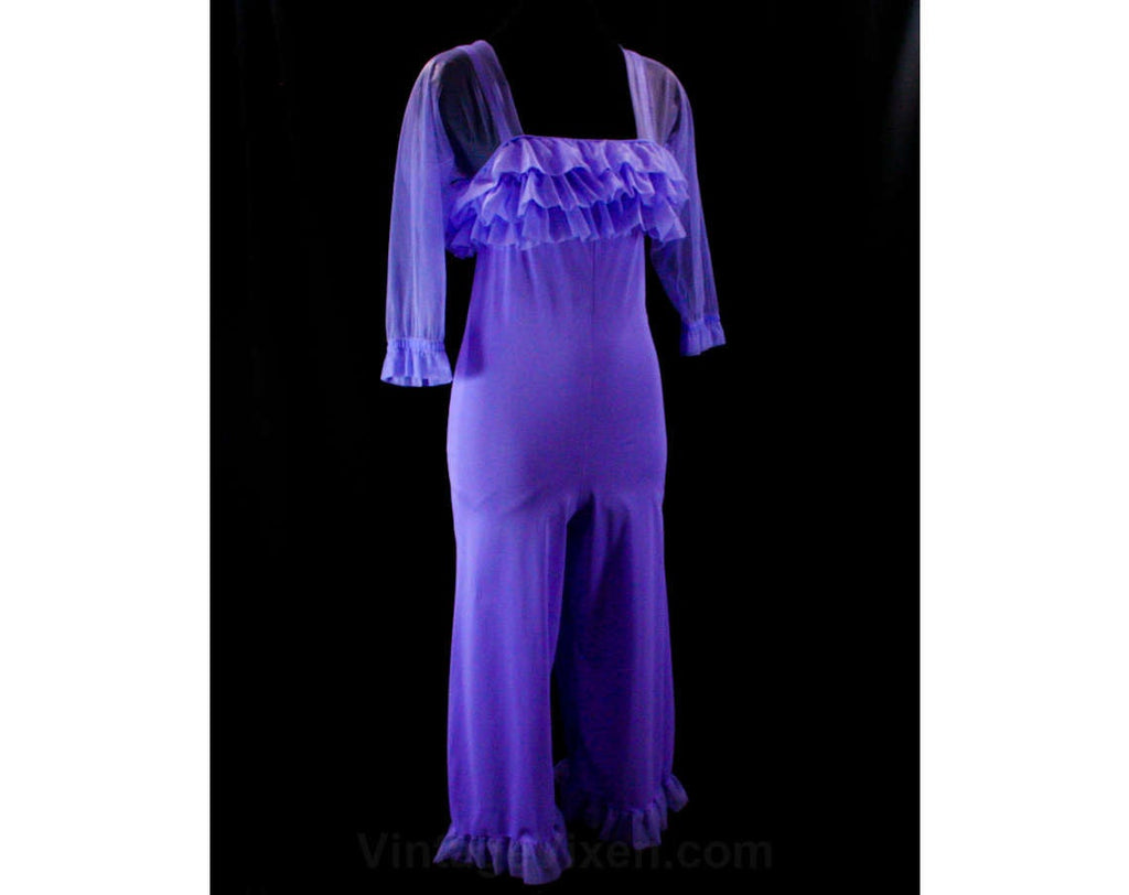 XXS 60s Lounge Outfit - Size less than 000 - Purple Tricot & Ruffles - Cha Cha - Sexy - One Piece - Hostess Pant Outfit - Bust 30 - 42329