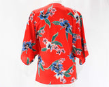 Size 10 Hawaiian Wrap Beach Jacket - 1980s Red Hibiscus Print - 80s Summer Tropical Open Front Cover Up - Made in Hawaii - Bust up to 50