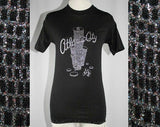 XS 1970s 'Atlantic City' T-Shirt - Size 0 Black Tee - Metallic Silver New Jersey Souvenir - Bust 32 - Fun Casual Screen-Print Shirt - 39341
