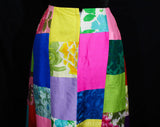 Size 6 Maxi Skirt - Tropical Bohemian Thai Silk Summer Patchwork - Colorful Teal Blue Magenta Pink Lime Green - Ankle Length - Waist 26