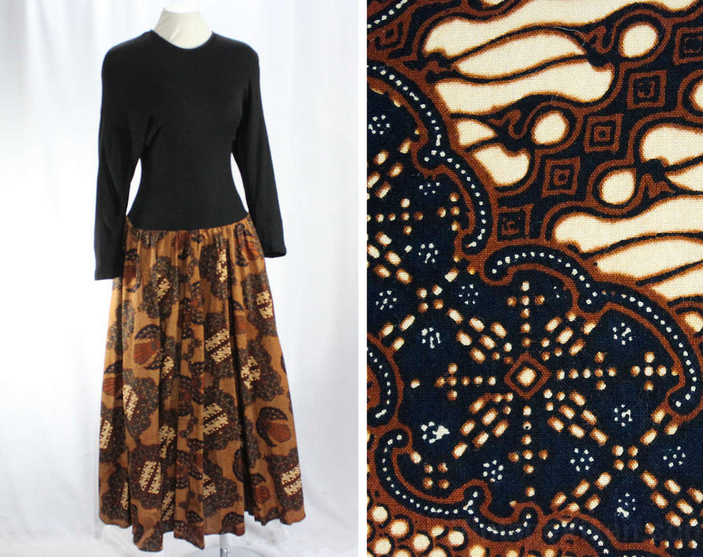 Size 8 Gypsy Dress - 1970s Black Jersey Knit & Brown Afro Chic Cotton - 70s Bohemian Style - Long Sleeve - Flare Full Skirt - Waist to 27